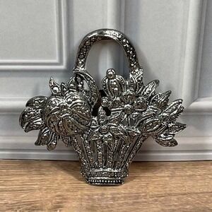 Floral Basket Brooch 2in Silver Tone metal Pin